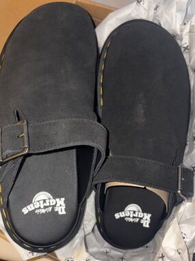 Dr. Martens Black Suede Buckle Clogs